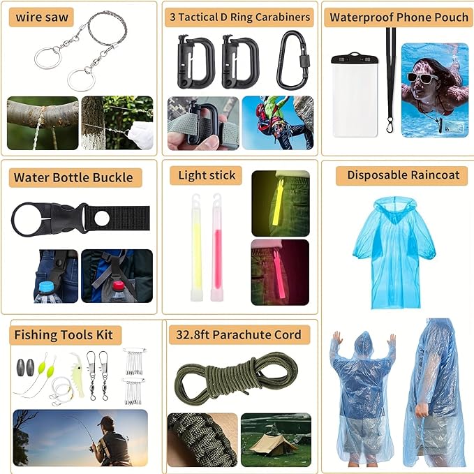 Survival Kit, 252Pcs Survival Gear First Aid Kit with Molle System Compatible Bag and Emergency Tent, Emergency Kit for Earthquake, Outdoor Adventure, Hiking, Hunting, Gifts for Men Women (Red)