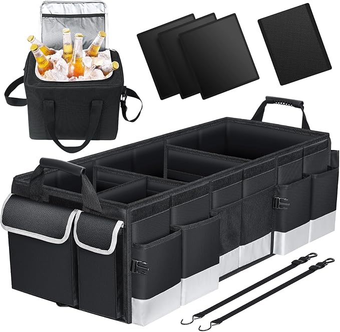 Oasser Trunk Organizer with Cooler Bag 95L, Bearing 110lb No Deformation, Collapsible with Multi Compartments, Removable Insulated Bag, Foldable Lid, Non Slip Bottom, 2 Adjustable Straps (Black&Grey)