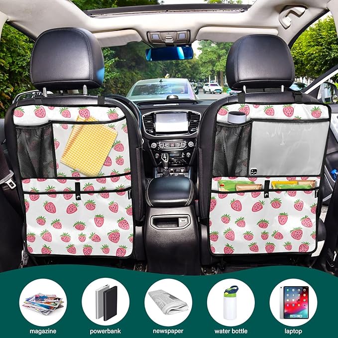 JIPONI Car Backseat Organizer, Small Strawberrys Automotive Back Seat Protector, Kick Mats with Storage Pockets for Kids Pets, Road Trip Accessories (2 Pack)