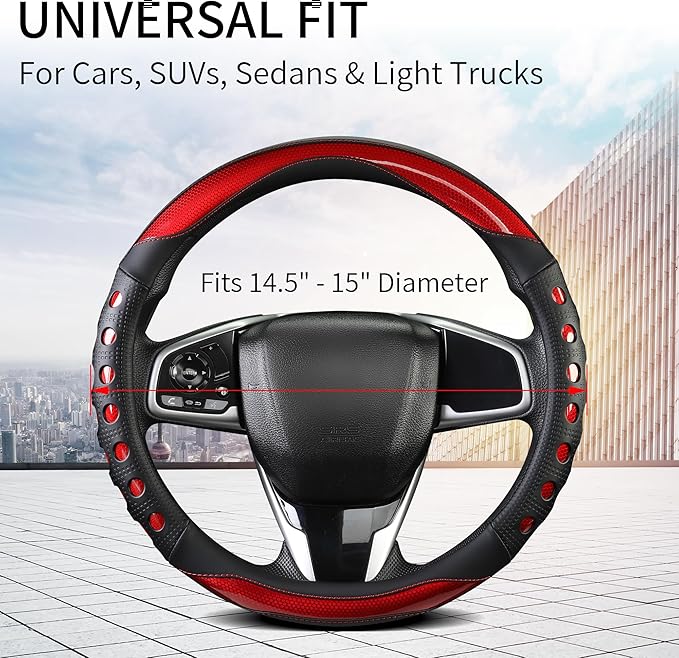 QCYP PU Leather Car Steering Wheel Cover with Anti-Slip Grip, for Women and Men, Universal Fit for 14.5-15 Inch Cars, Trucks, SUVs (Red (Round), Medium(Standard) Size[14 1/2''-15''])