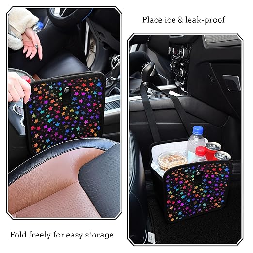 Car Trash Can Organizer Bin with Adjustable Strap for Back Front Seat Console Waterproof Leakproof Collapsible Portable 11 Inch Vibrant Rainbow Stars