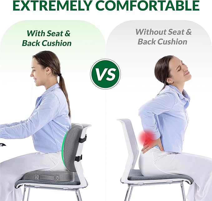 FuturaLoom Seat Cushion & Adjustable Lumbar Support Pillow Set, Charcoal Memory Foam Back & Tailbone Pain Relief, Non-Slip & Washable Cover, for Office Chair, Car Seat, Wheelchair - Grey