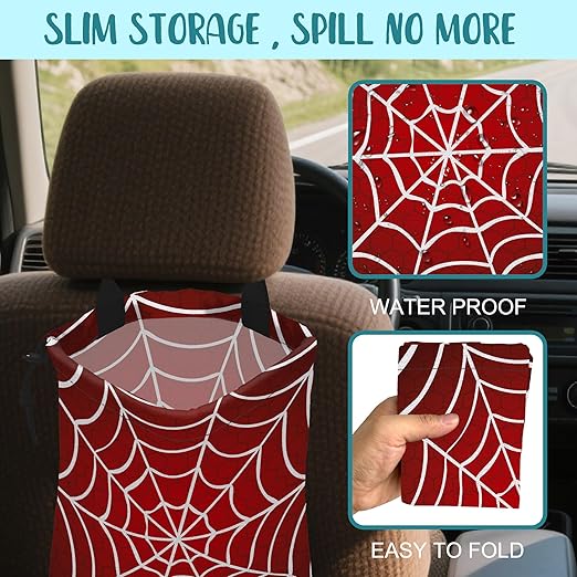 KXWQTRDD Car Garbage Bag Red and White Spider Web Drawstring Car Trash Bag Hanging for Back Seat with Adjustable Buckle Canvas Vehicle Trash Can Easy-to-Install