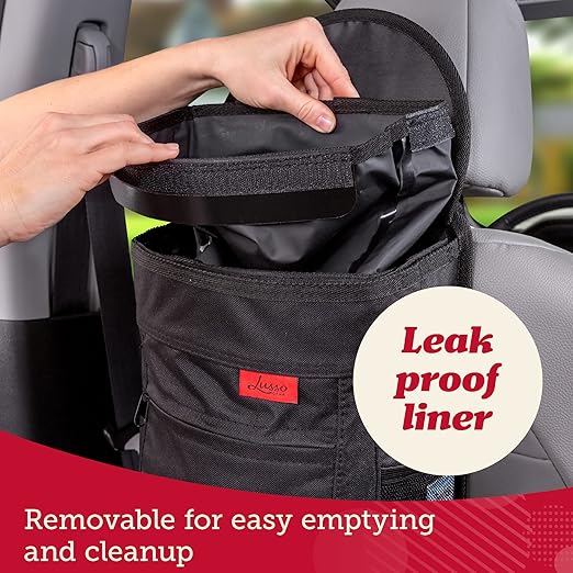 Lusso Gear Spill-Proof Car Trash Can - Leakproof Liner & Flip-Top Lid Auto Trash Can - Hangs in Trucks & SUVs as Trunk Organizer - 2.5-Gal Mesh Pockets for Camper Accessories - 2.5 Gal, Gray, Round