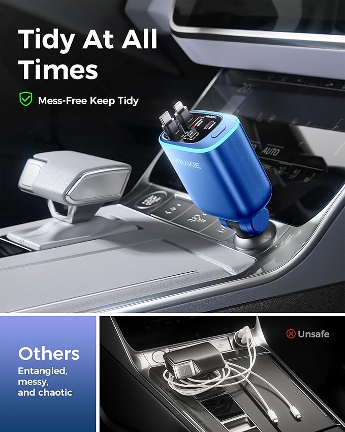 Car Charger, iPhone Fast USB C Phone Car Charger, Cigarette Lighter Adapter with 2 Cables 30 Inch and 2 USB Ports, Retractable 4 in 1Multi Port USB Car Charging for iPhone 17/16/15/14/13/Pro Max-Blue