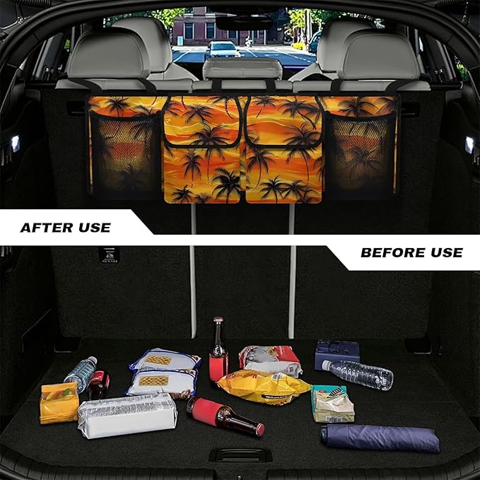 CLOHOMIN Sunset Car Seatback Organizer Coconut Tree Car Trunk Organizer Hanging Car Storage Bags with 4 Pockets Orange Car Trunk Mesh Storage Car Decor