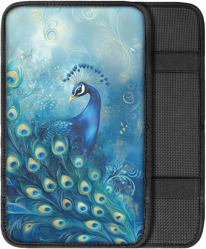 Suobstales Blue Peacock Print Car Armrest Pad Soft Center Console Arm Rest Protector Cover Universal Car Interior Accessories Decoration