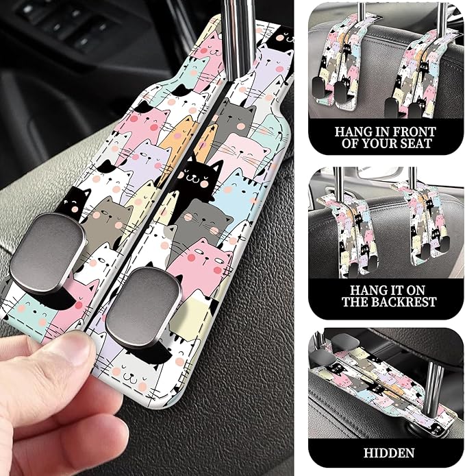 AXRQLSU PU Leather Car Seat Hook, Storage Headrest Hanger, Cute Car Backseat Organizer, Car Hooks for Purses and Bags Multicolor Cat