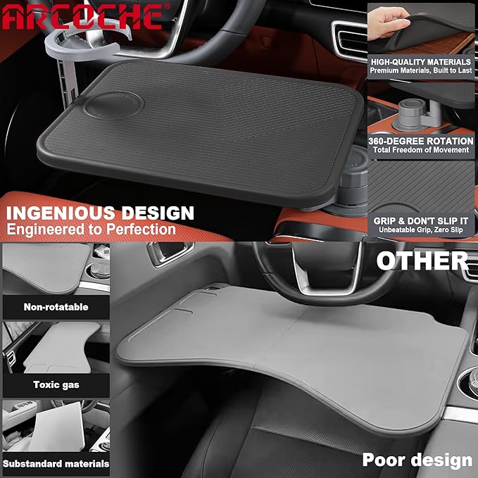 Car Table Tray & Laptop Desk for Car, 360° Rotating Wood Cup Holder Table, Aluminum Cantilever Laptop Mount for Vehicle, Steering Wheel Tray (Black)