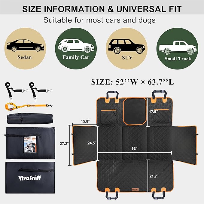 VIVASNIFF Hard Bottom Back Seat Extender for Dogs, Waterproof Dog Car Seat Cover, 420lb Support, 600D Heavy Duty Car Seat Protector Dog Hammock for Sedan, SUV, Small Truck(Black & Orange)