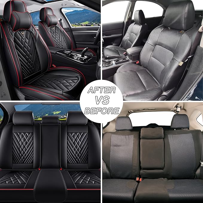 BYXN Car Seat Covers for Jeep Wrangler 2000-2026,Breathable Nappa Leather Car Seat Protector,Front Seat Cover with Pillow Automotive Seat Cushion with Airbag Compatible(Front Seats,Black-Red)