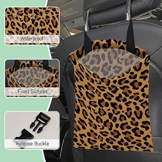 NHNXHWIA Brown Leopard Car Garbage Bag,Camouflage Waterproof Small Car Trash Bag Hanging Back of Seat,Drawstring Hanging Car Trash Bag with Adjustable Buckle for Car Accessories