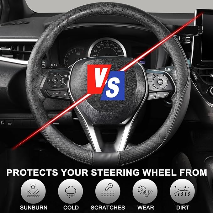 SEG Direct Steering Wheel Cover 14.5-15 inch (37-39 cm) Medium Size, Microfiber Leather, Non-Slip Comfortable Grip, Fits Cars Trucks SUVs, Black