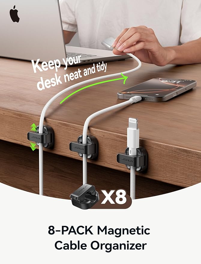 JSAUX Magnetic Cord Organizer 8 Pack – Black Cable Clips with Strong Adhesive – Easy-Open Wire Holder for Desk, Nightstand, Kitchen, Office & Car – Cable Management for Phone, Charger, Appliances