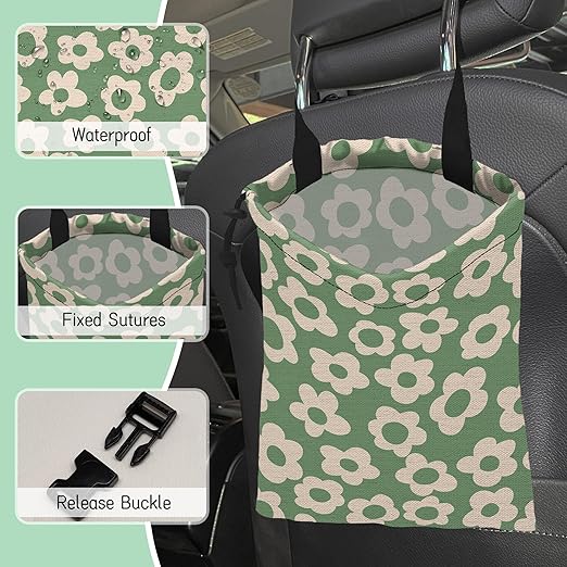 NHNXHWIA Groovy Florals Car Garbage Bag,Waterproof Small Car Trash Bag Hanging Back of Seat,Drawstring Hanging Car Trash Bag with Adjustable Buckle for Car Accessories