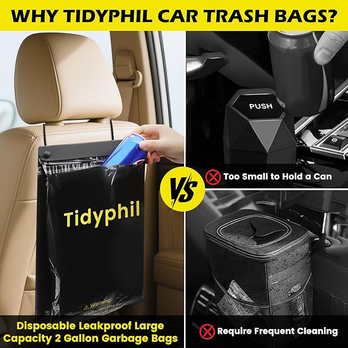 150 PCS Disposable Car Trash Bags Hanging, Leak-proof, Odor Seal. 2 Gallon Car Garbage Bags, Big Capacity. Independent of Car Trash Can, Easy Stick-On Car trash Bin for Car, SUV, Truck, Stroller.