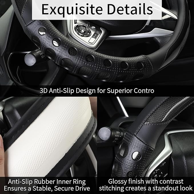 QCYP PU Leather Car Steering Wheel Cover with Anti-Slip Grip, for Women and Men, Universal Fit for 14.5-15 Inch Cars, Trucks, SUVs (Black (Round), Medium(Standard) Size[14 1/2''-15''])