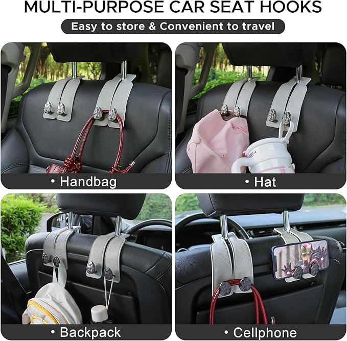 URIZZD 4 PCS Leather Car Seat Hooks for Headrest, Vehicle Hanger Storage Organizer Universal for Handbag Purse, Car Accessories Gift (Grey-Black-4 PCS)