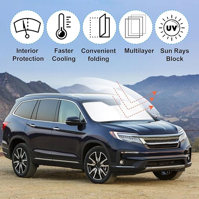 Windshield Sun Shade Custom Fit for 2016-2024 2025 Honda Pilot Accessories Foldable Sunshade Sun Blocker Protect Car from Sun Rays & Heat Damage Keep Car Cooler