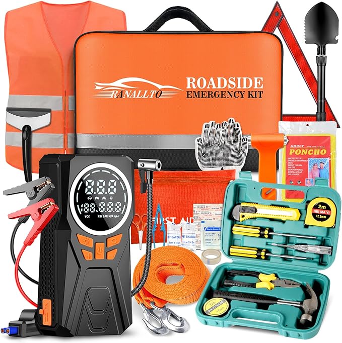 Car Emergency Kit with Jumper Starter and Air Compressor, Roadside Emergency Tool Kit for Truck Venicle Auto, Men Women Winter Travel Road Side Safety Essential Survival Bag with First Aid Kit