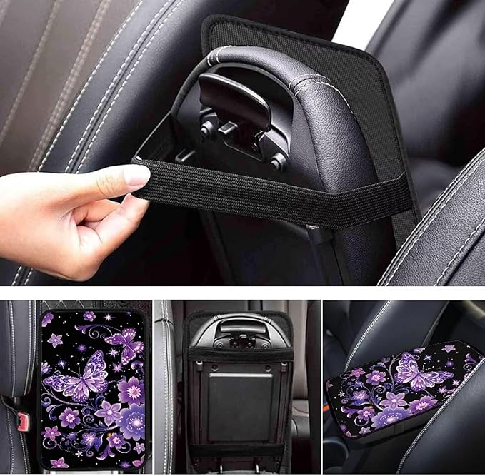 Purple Butterfly Car Center Console Cover Soft Arm Rest Cover Car Easy to Install Cars Interior Automotive Universal Size Fit for Most Cars SUVs Trucks Vans