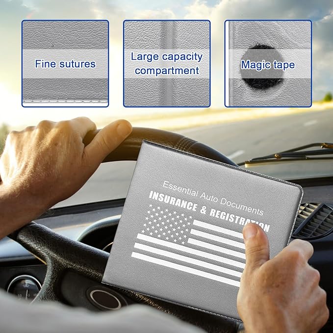 Ziciner Car Registration Insurance Holder, 2Pack Essential Auto Card Document Glove Box Organizer with Touch Fastener, Vehicle Interior Accessories Perfect for Most Car, Truck, SUV (Gray/White Flag)