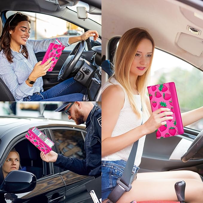 FinestHouse Car Registration and Insurance Holder with Magnetic Closure, Universal Document Organizer for License, Insurance Cards & Glove Box Storage (Strawberry-Hot Pink)