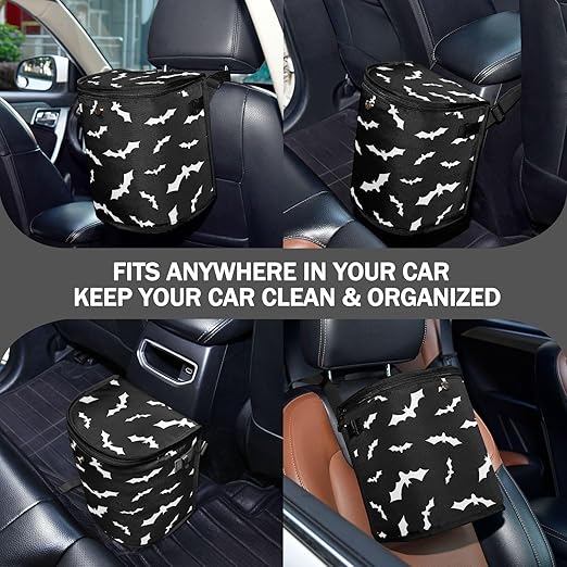 Bat Car Trash Can Halloween Black Car Garbage Bag with Lid Hanging Waterproof Leak Proof Vehicle Storage Bin