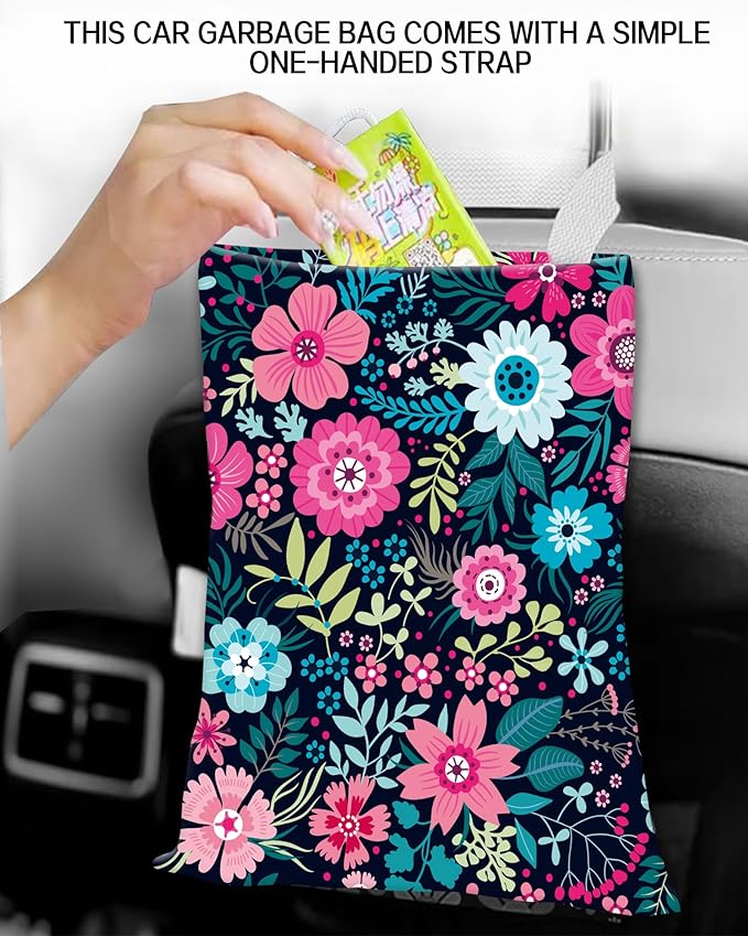 ANKVRP Car Garbage Can, Hanging Car Trash Can Bag for Vehicle, Travelling, Camping, Cute Car Back Seat Organizer, Cute Purple Flowers