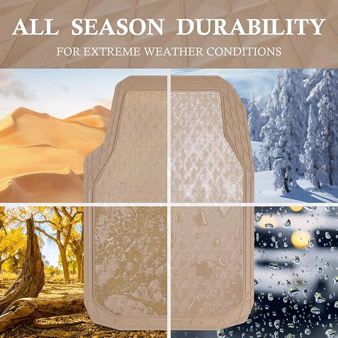 CAR PASS Beige Rubber Car Floor Mats & Cargo Liners, Durable Anti-Slip 3D Rhombus Waterproof Automotive Pad Trim Fit Liner All-Weather Trunk Mats Full Set Universal Fit Auto Van Sedan SUV Truck Beige