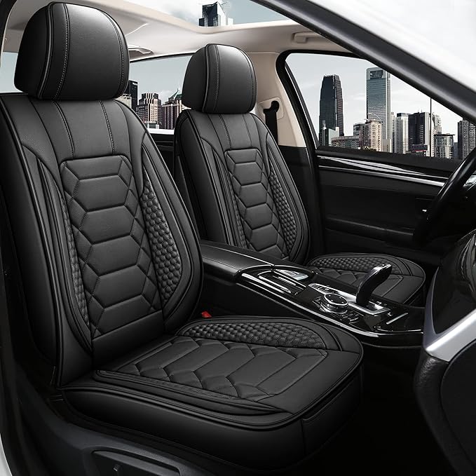 HAIYAOTIMES Leather Car Seat Covers Front Pair, Waterproof Faux Leather Seat Covers for Cars, Non-Slip Car Interior Covers Universal Fit for Most Cars Sedans Trucks SUVs, Black