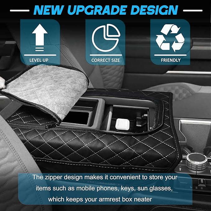 SENSHINE Center Console Armrest Cover for Toyota Tundra 2022-2026/Sequoia 2023-2026 Armrest Seat Stroage Box Cushion Lid Protector Pad with Zipper Leather Interior Accessories, Gray Stitch