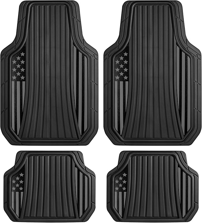MotorTrend Black Flag Rubber Floor Mats – All Weather Car Mats with American Flag Stars & Stripes Design, Heavy-Duty Automotive Floor Mats for Cars, SUVs & Trucks Black/Grey