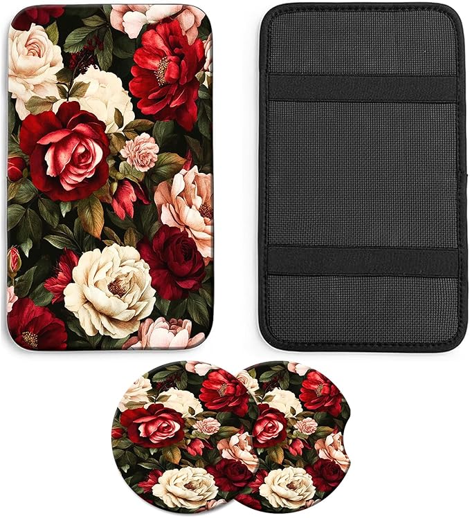 JANENFNA Car Armrest Cover Pads Universal Fashion Cute Auto Center Console Armrest Cover Pad with 2PCS Car Coasters Soft Waterproof Car Armrest Seat Protector for Women,Beautiful Roses Flowers