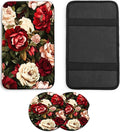JANENFNA Car Armrest Cover Pads Universal Fashion Cute Auto Center Console Armrest Cover Pad with 2PCS Car Coasters Soft Waterproof Car Armrest Seat Protector for Women,Beautiful Roses Flowers