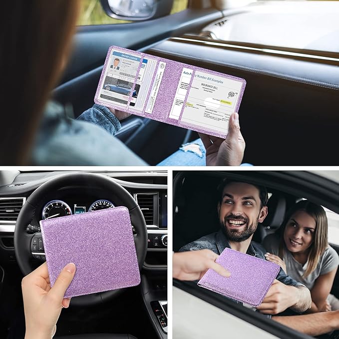 DMLuna Car Registration and Insurance Holder, Folio Leather Vehicle Card Document Glove Box Organizer, Driver License Cards, Glitter Purple