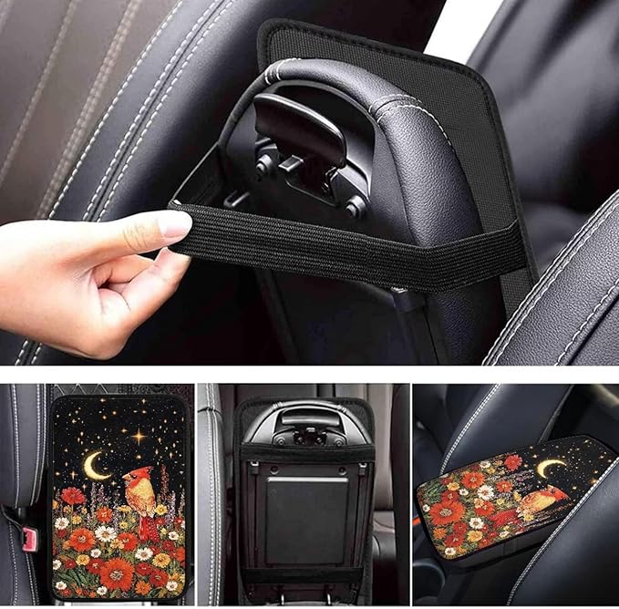 Cardinal Flower Print Armrest Cover Pad for Car Moon Star Print Car Armrest Box Protector Pad Universal Fits for Sedan Truck SUV, Easy to Install Auto Decor for Women Men
