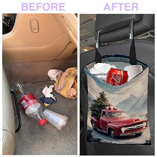 UUCBTAH Car Trash Bag Hanging Santa Claus Red Truck Car Trash Can for Back Seat Waterproof Car Trash Bin with Adjustable Straps and Drawstring for Car Accessories Vehicle Travelling Camping