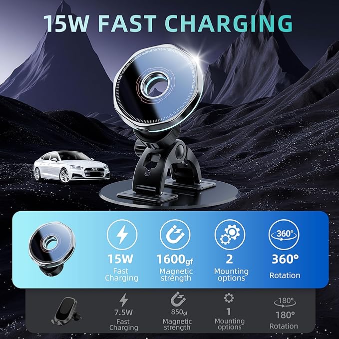 CRIENTEN for MagSafe Car Mount Charger, 15W Magnetic Wireless Car Charger & Magnetic car Phone Holder, 360° Adjustable car Vent Mount, Fast MagSafe Charger Car Accessories for iPhone 16 15 14 13 12