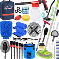 AUTODECO 44Pcs Car Wash Detailing Kit Cleaning Kits with Foam Gun Sprayer Wash Mop with Long Handle Collapsible Bucket Large Wash Mitt Towels Complete Interior Exterior Car Washing Supply Set Blue