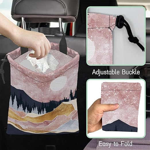 NHNXHWIA Pink Mountain Car Trash Bag,Full Moon Hanging Drawstring Car Garbage Bag,Waterproof Canvas Car Back Seat Organizer with Adjustable Buckle,for Vehicles,SUVs,Camping,Road Trips