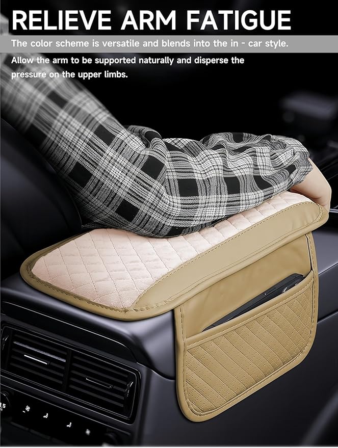 Cxtiy Car Center Console Cover, Microfiber Warm Soft Car Armrest Cover Cushion with 2 Storage Bags, Universal Armrest Storage Box Interior Accessories for Most Vehicles (Beige)