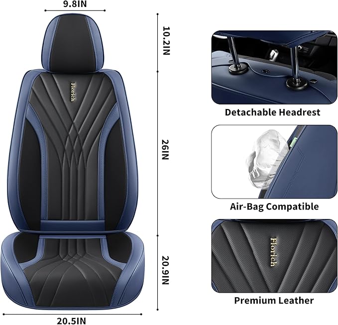 FLORICH Front Seat Covers Seat Covers, Waterproof Seat Cover for Cars, Luxury Leatherette Balck and Blue Car Seat Cushion, Automotive Seat Protector for Sedan SUV Pick-up Truck