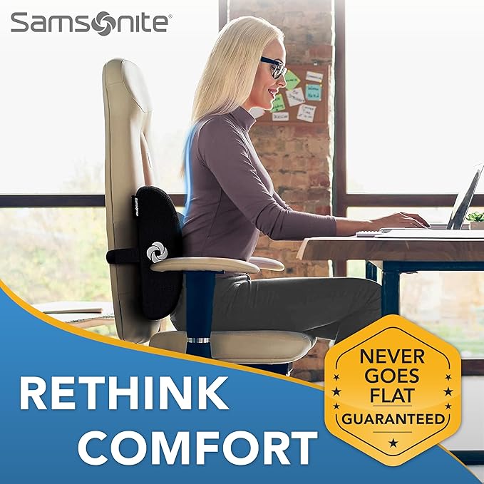 Samsonite Ergonomic Lumbar Support Pillow for Office Chair, Gaming Chair, or Car, Memory Foam Cushion with Breathable Ventilated Mesh and Adjustable Straps for Long Lasting Back Support
