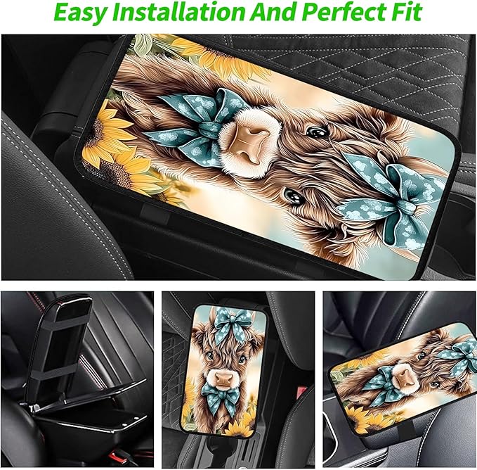 JANENFNA Car Armrest Cover Pads Universal Fashion Cute Auto Center Console Armrest Cover Pad with 2PCS Car Coasters Soft Waterproof Car Armrest Seat Protector for Women,Cow with Blue Bows-A