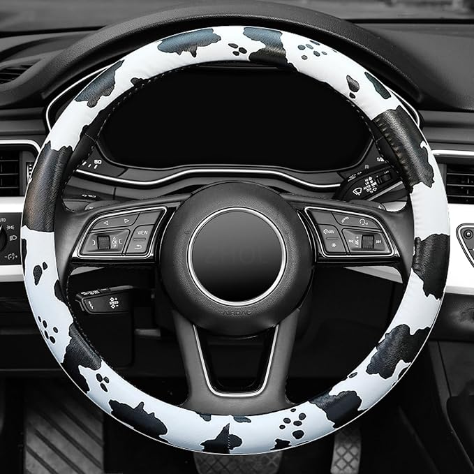 Cow Print Steering Wheel Cover, Universal 15 inch Breathable Microfiber Leather Car Steering Wheel Cover for Women Men, Anti-Slip, Black&White