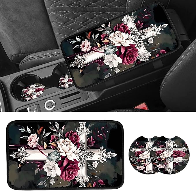 JANENFNA Car Armrest Cover Pads Universal Fashion Cute Auto Center Console Armrest Cover Pad with 2PCS Car Coasters Soft Waterproof Car Armrest Seat Protector for Women,Rose on Cross