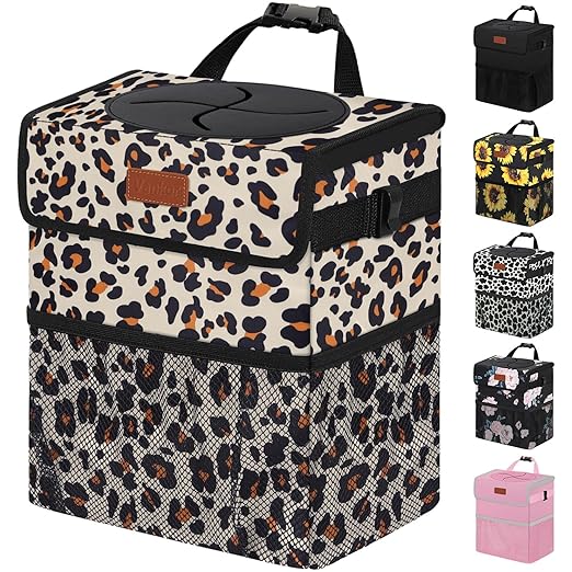 Vankor 3 Gallons Cute Car Trash Can, Car Accessories for Interior Leak Proof Can Trash Bag Hanging Waterproof Automotive Vehicle Garbage Cans Leopard Print Pattern