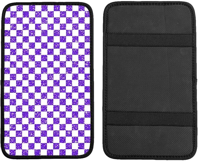 Glitter Purple White Checkered Chessboard Flag Car Armrest Pad Cute Cars Center Console Cover Auto Handrail Box Cushion Armrests Cover