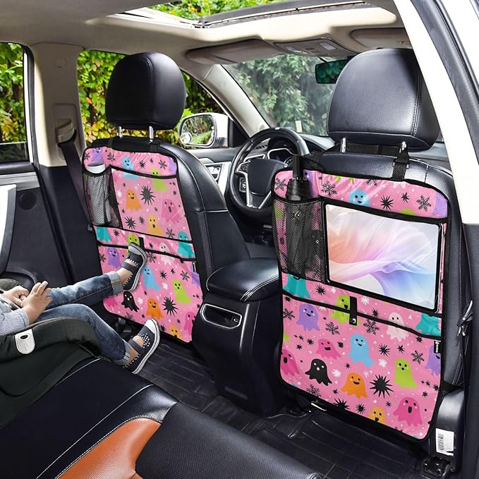 2 Pack Back Seat Car Organizer with Storage Pockets Kick Mats Back Seat Protector Hanging Car Organizer Automotive Seat Back Cover Organizers Hot Pink Halloween Ghost Snowflakes